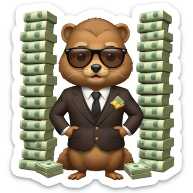 Beaver in suit wearing sunglasses surrounded by stacks if cash sticker