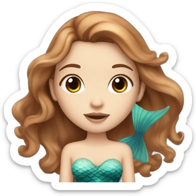 White girl with black eyes and long brown hair with a dreamy fish or mermaid looking face sticker