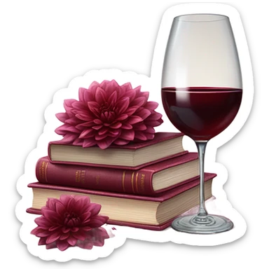 A deep red pile of books with classic dahlias and a spilled wine glass sticker