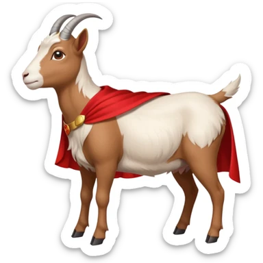 side view of white female goat wearing a read cape like superman sticker