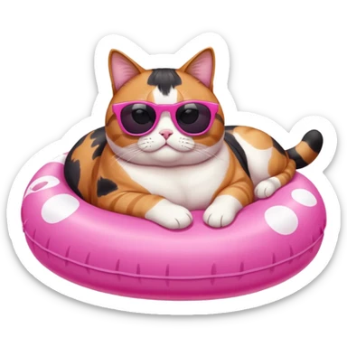 Fat calico cat with dark sunglasses lying on a pink pool floatie sticker