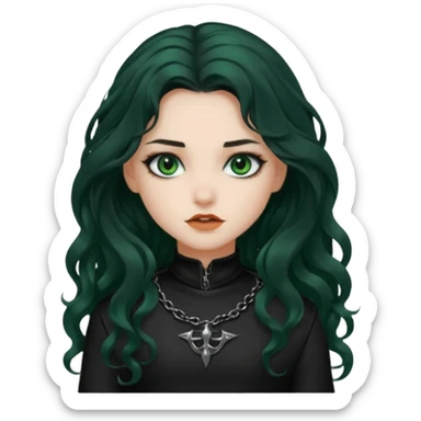 Crea una ragazza con stile black metal, capelli neri mossi lunghi e occhi verde scuro sticker