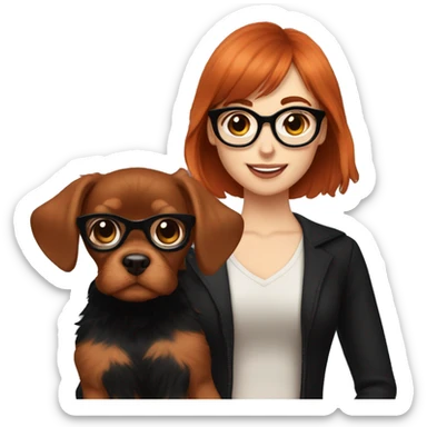 Auburn red-haired girl with bangs and short hair and black glasses and black clothes holding a Cavalier puppy sticker