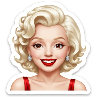 Cinematic Realistic Marilyn Monroe Emoji, featuring a glamorous, high-detail portrayal of the legendary Hollywood star. Her iconic platinum curls, radiant smile, and signature red lips are illuminated by dramatic, vintage-style lighting, evoking the timeless allure of classic cinema. sticker