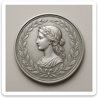 a silver coin, embossed details, elegant, metallic texture, simple background sticker