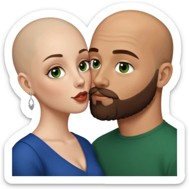 Man beard bald white dark green eyes, woman medium hair brown brown eyed latina kissing sticker