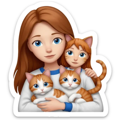 a girl with long brown hair, with blue eyes, in a
white sweater, hugs 3 cats a brown tabby and white, a ginger and white and a grey and white sticker