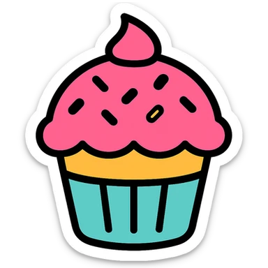 cupcake with pink icing, playful and bright color outline icon style sticker