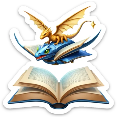 Icon for Fantasy and Sci-Fi Reading: an open book with magical creatures like dragons and fairies flying out, with a futuristic spaceship in the sky and a wizard casting spells. The icon should represent the magic and adventure of fantasy and science fiction worlds. Transparent background. sticker