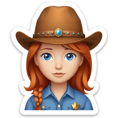 Crea un emoji de una cara DE UNA chica con sombrero de vaquero cabell cobrizo y ojos azules sticker