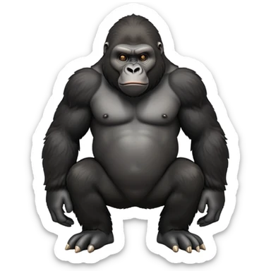 cinematic-friendly relaxed gorilla-realistic-full-body-crouched on all fours-emoji,-broad-frame-poised-with-confidence,-massive-arms-hanging-slightly-forward,-head-tilted-thoughtfully,-thick-black-fur,-deep-dark-eyes-full-of-intelligence,-simplified-yet-realistic sticker