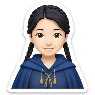 braid black hair, white asian girl, dark blue cloak, happy smaile sticker