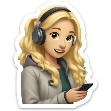 blonde female student standing by a locker wearing wireless headphones, heavy coat, taking a selfie with cell phone sticker