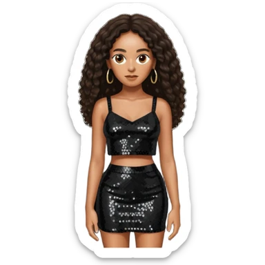 Solange with dark brown long hair, black sequin crop top and skirt sticker