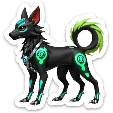 Hyper realistic horned slim skeletal black and neon green futuristic shiny colorful bioluminescent cyberpunk-Cyborg-Poochyena-Lycanroc-Zorua-Litten-Houndoom-Fakémon-Pokémon-Digimon-hybrid-fusion (full body) with a skull face sticker