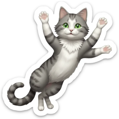 grey and white cat with green eyes doing a big extremely long stretch reaching up into the air with arms and legs side by side together straight and overextended whilst lying on its side sticker