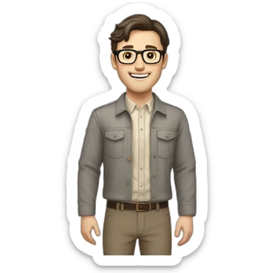 Joyful Full height Pale skinned Fit Man With dark brown hair in gray jacket, beige office shirt, Brown pants and vintage glasses. His thrumbs up sticker
