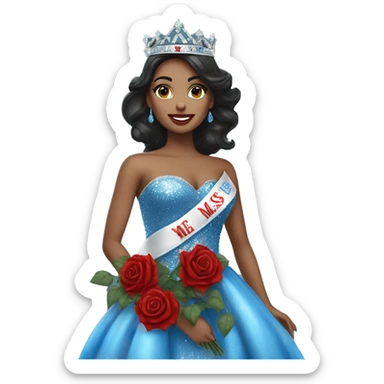 Beauty queen with dark hair, wearing a “Miss Massachusetts” sash and wearing a crown and blue sparkly dress holding red roses sticker