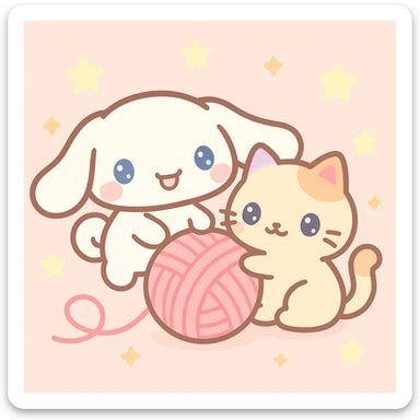 Cinnamoroll and a cat playing with a ball of yarn, kawaii style, gentle colors, happy mood sticker