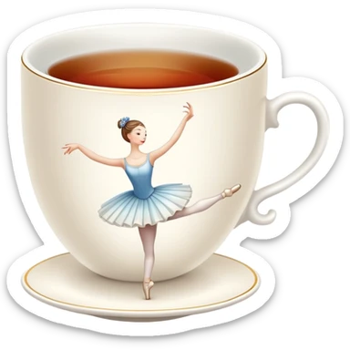 A tea cup with a tea bag tag hanging out, dancing en pointe in a classical ballet position sticker