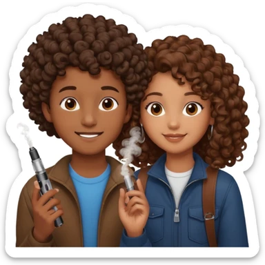 adolescent boy with brown skin holding a brown vape, next to a mixed-race girl with voluminous brown curls, both smiling at each other, romantic vibe sticker