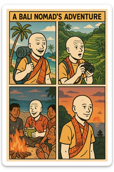 Create a wojak-style comic book with four panels, telling the story of a bali nomad's adventure sticker
