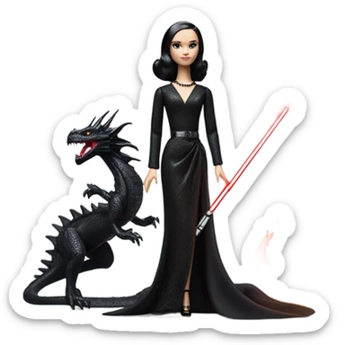 evening dressed, Wednesday Addams Barbie Jedi riding on the back of a very large black shiny evil-looking fire-spewing horned dragon sticker