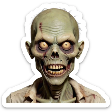 Cinematic Realistic WoW undead friendly zombie Portrait, head tilted dramatically with an exaggeratedly amused expression, blending grim determination with a touch of sardonic humor. His withered pallid skin and weathered, muted attire are rendered with lifelike detail and dynamic lighting, high shine, dramatic yet whimsical, capturing an undead friendly zombie whose epic defiance is matched by an irreverent smirk. sticker