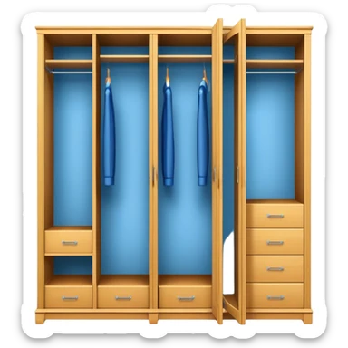 Icon for Furniture Design: a blueprint of a wardrobe without clothing inside, featuring a 3D installation with dimensions and a ruler or measuring tape. The icon should represent the detailed design and measurement process in furniture creation. Transparent background. sticker