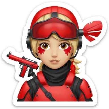 blond girl playing paintball with red paintball face gear sticker