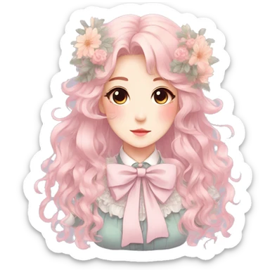 Gorgeous pastel anime style lady with blushing face and flowers and laces and bow ties and pretty hair aesthetic trending style sticker