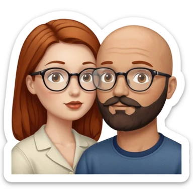 Couple. Bald man with dark brown-black beard. White woman with many small, faded freckles, she has white skin and she has auburn-brown-cinnamon, dark long hair. She has light brown eyes. The man have hazel eyes and glass. She have light eyes. Retro style. She kisses him. sticker