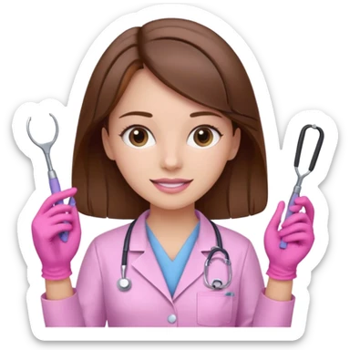 Girl dentist with brown hair and pink gloves and pink scrubs and tools in hand  sticker