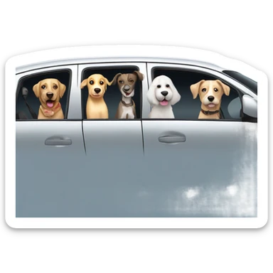 6 dogs in a Prius sticking their heads out of the window with a bald man in his 50’s who likes adventure driving the car sticker