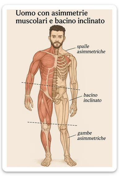Uomo con problemi di asimmetrie e bacino inclinato, visione anatomica in italiano sticker