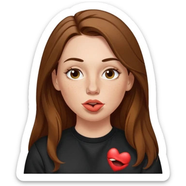 A 38 year old white woman with long brunette hair parted in the middle. She has her nose pierced. Her nose is medium sized. She has brown eyes. She has freckles and is wearing a black sweatshirt and is making a kissing mouth. sticker