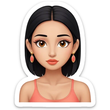 Tez morena, pelo negro largo lacio sin peinado, cejas pronunciadas, ojos grandes color marrones oscuro con pestañas largas, nariz pequeña, labios grandes color coral, rubor coral, top corto negro, orejas pequeñas y pantallas color oro sticker