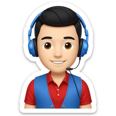 young man with black cool hair, wearing a blue vest over a red short sleeve shirt, retro headphones, in iOS-style Apple Memoji style, clean, 3D, friendly sticker