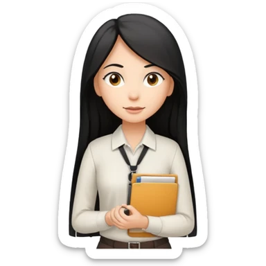 a light tan woman with long black hair past mid-back, round brown eyes, with folders in her hands. she has a id lanyard on and white professional blouse. sticker