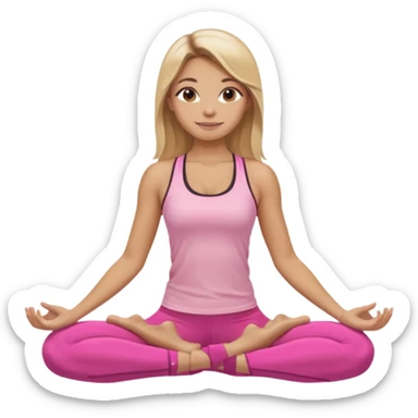 Mujer color de piel moreno clara, con cabello balayage rubio con castaño suelto y lacio y largo usando un top rosa deportivo y leggins deportivo rosa en una pose de yoga sentada, viendo hacia enfrente con ojos negros y sonriendo sin mostrar los dientes sticker