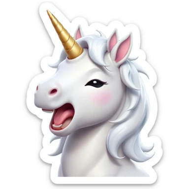 Cinematic Cute Yawning White Unicorn Portrait Emoji, Head tilted slightly with a dramatic, wide-open yawn, showcasing a softly elegant form with a gently cascading mane, a subtly glowing horn and sleepy, half-closed eyes, Simplified yet irresistibly adorable features, highly detailed, glowing with a soft, cozy magical glow, high shine, relaxed yet expressive, stylized with a dash of whimsical enchantment, soft glowing outline, capturing the essence of a drowsy yet affectionate white unicorn that appears ready to stretch and yawn its way out of the screen! sticker