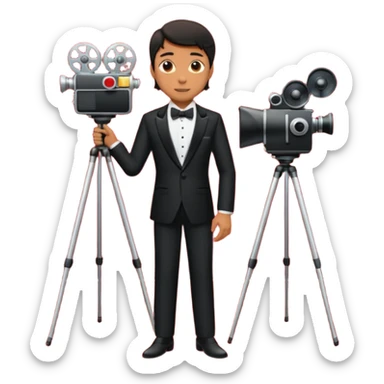 an actor standing on a red carpet with a formal tuxedo, with only one movie camera on a tripod next to him. sticker