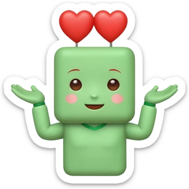 A cute green block-headed mascot with a happy face and blush, wearing “FGH” on its chest. It holds a shiny red heart in one hand. Chibi style, soft glow outline, cheerful and friendly. sticker