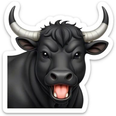 Cinematic Cute Yawning Black Bull Portrait Emoji, Head tilted slightly with a dramatic, wide-open yawn, showcasing a smooth, pure black hide with a subtle texture, floppy ears slightly drooping, round dark eyes barely open in drowsy contentment, Simplified yet irresistibly adorable features, highly detailed, glowing with a soft, cozy glow, high shine, relaxed yet expressive, stylized with a touch of rugged whimsy, bright and endearing, soft glowing outline, capturing the essence of a sleepy yet affectionate guardian, so drowsy it feels like it could charge right out of the screen and curl up for a nap! sticker