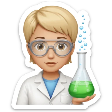 chemist person with very short hair and safety goggles holding a beaker with bubbling liquid sticker