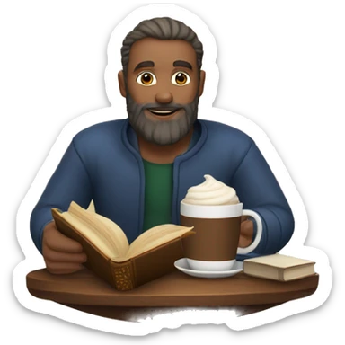 A man with a beard drinking hot cocoa with a book sticker