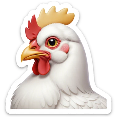 Cinematic Noble White Chicken Portrait Emoji, Poised and regal, with a compact, sturdy build and a pristine, well-groomed pure white plumage, deep-set soulful beady eyes, Simplified yet sharp and sophisticated features, highly detailed, glowing with a soft, dignified glow, high shine, intelligent and alert, stylized with an air of barnyard elegance, focused and attentive, soft glowing outline, capturing the essence of a watchful and confident fowl, so majestic it feels as though it could strut out of the screen with effortless authority! sticker