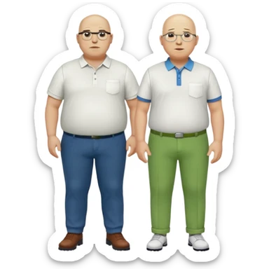 two guys, the first guy is white bald have glases a white dressshirt with rolled up sleeves and green pants he is over weight, The second guy has a yellow skin white golf shirt blue jeans and bald they should stand next to eachother they are both really fat  sticker