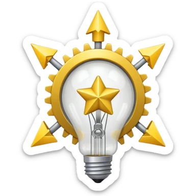 a gray gear with yellow curved raising arrow behind it on the right side, and then a small golden beaming light bulb on the left side sticker