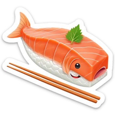 Cute Kawaii Sashimi Slice, delicate and fresh, bright orange salmon with soft pastel textures, an adorable happy face, tiny chopsticks lifting it, gentle glowing highlights! sticker